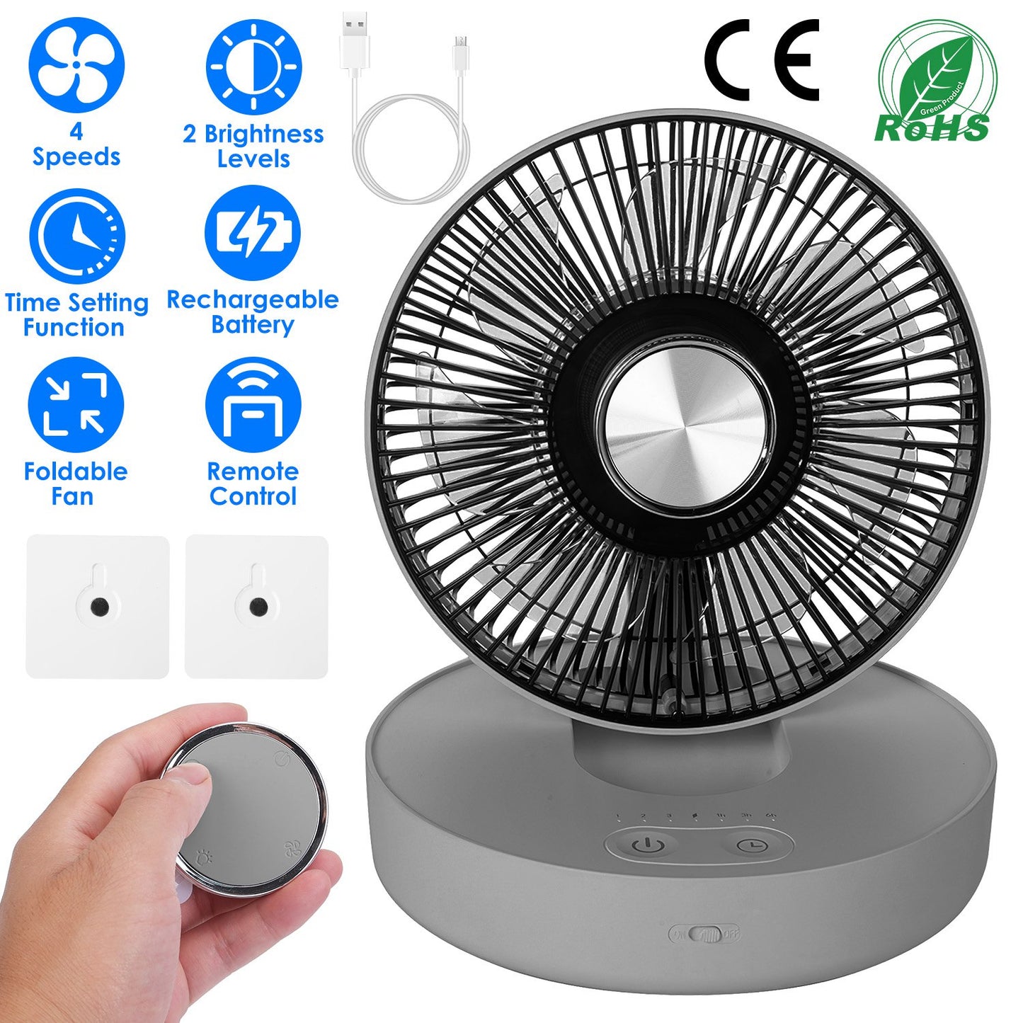 Foldable Rechargeable LED Desk Fan Wall Mounted Fan with Magnetic Remote Hanging Oscillating Fan with 4 Speeds 2 Brightness Time Setting Automatic Rot