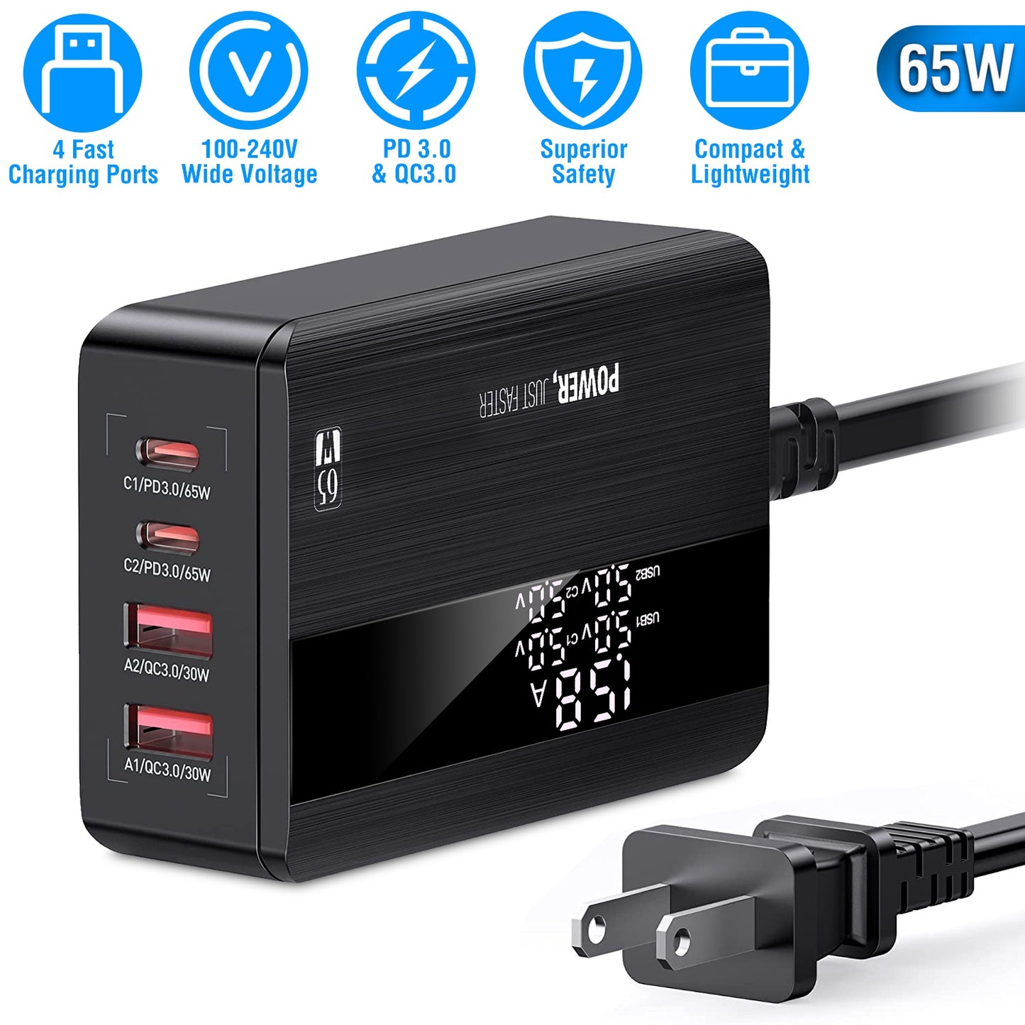 65W Fast Wall Charger 4 Port USB Charging Station PD3.0 QC3.0 Adapter Fit for iPhone 14 13 12 11 Samsung S22 S21 Switch MacBook iPad