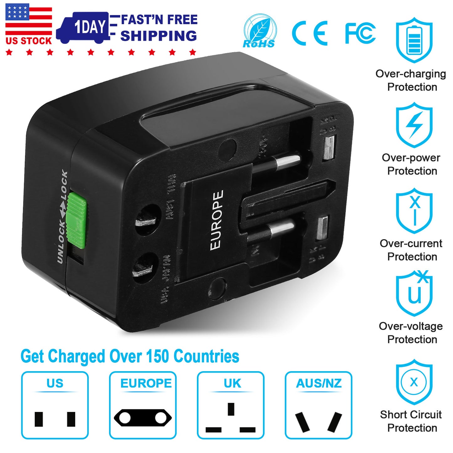 Universal Travel Adapter AC Power Plug Adapter US UK EU AUST Worldwide Socket For Phones Tablet Cameras