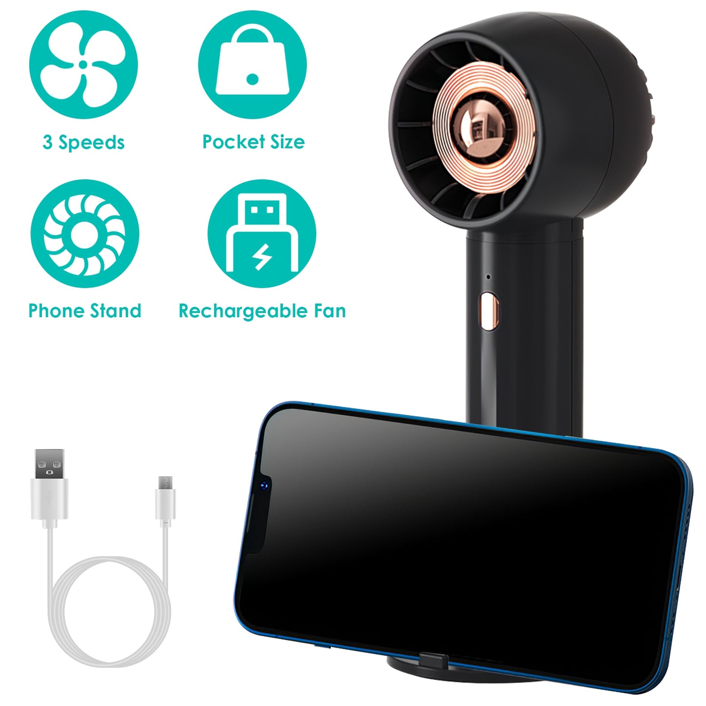 Portable Handheld Fan Rechargeable Pocket Personal Fan Quiet Desk Phone Holder Fan with 3 Speeds Removable Base for Commute Office Outdoor Indoor
