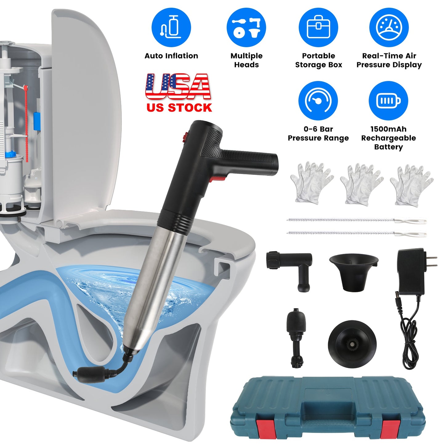 Electric Toilet Plunger High Pressure Air Plunger Air Drain Blaster Drain Clog Remover with Real Time Pressure Display for Toilets Bathroom Floor Drai