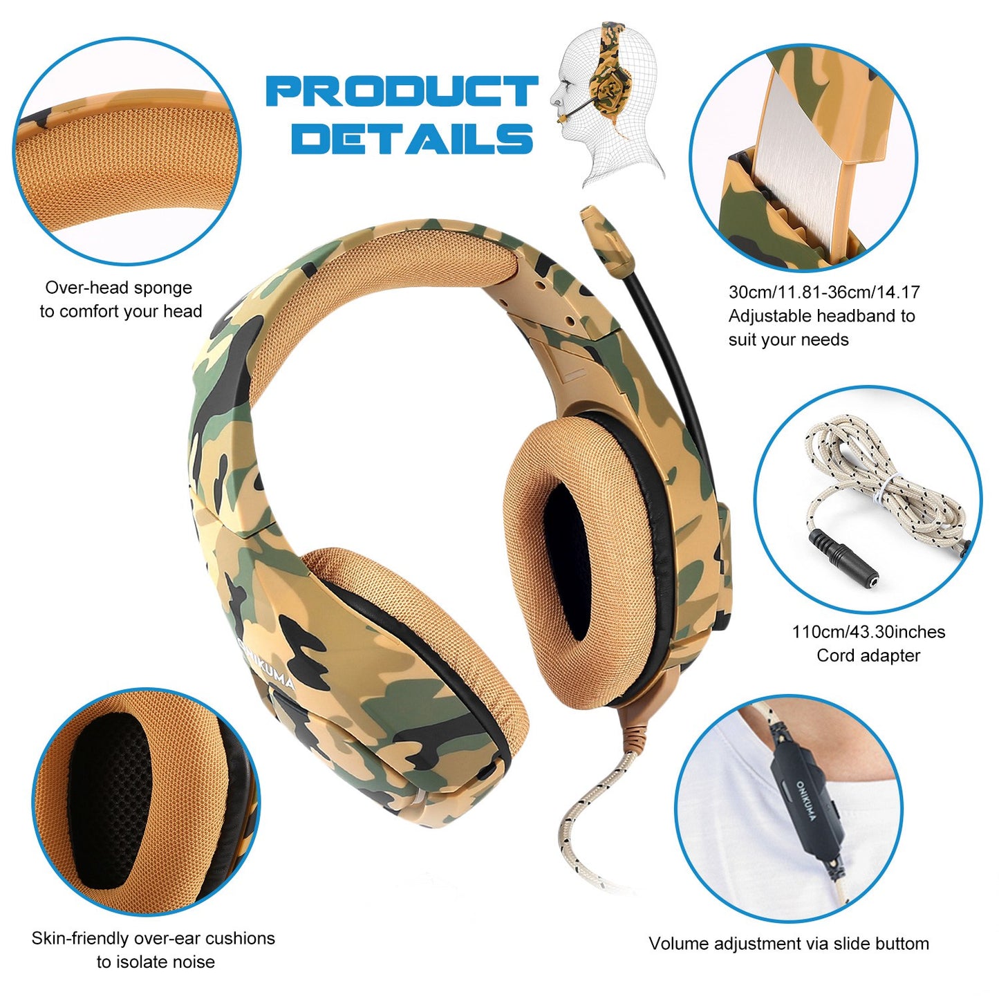 Gaming Headsets Noise Isolation Volume Adjustment Stereo Earmuffs w/ Microphone 3.5mm Plug Adapter 7.4ft Cord Over-ear Headphones for Game Lovers