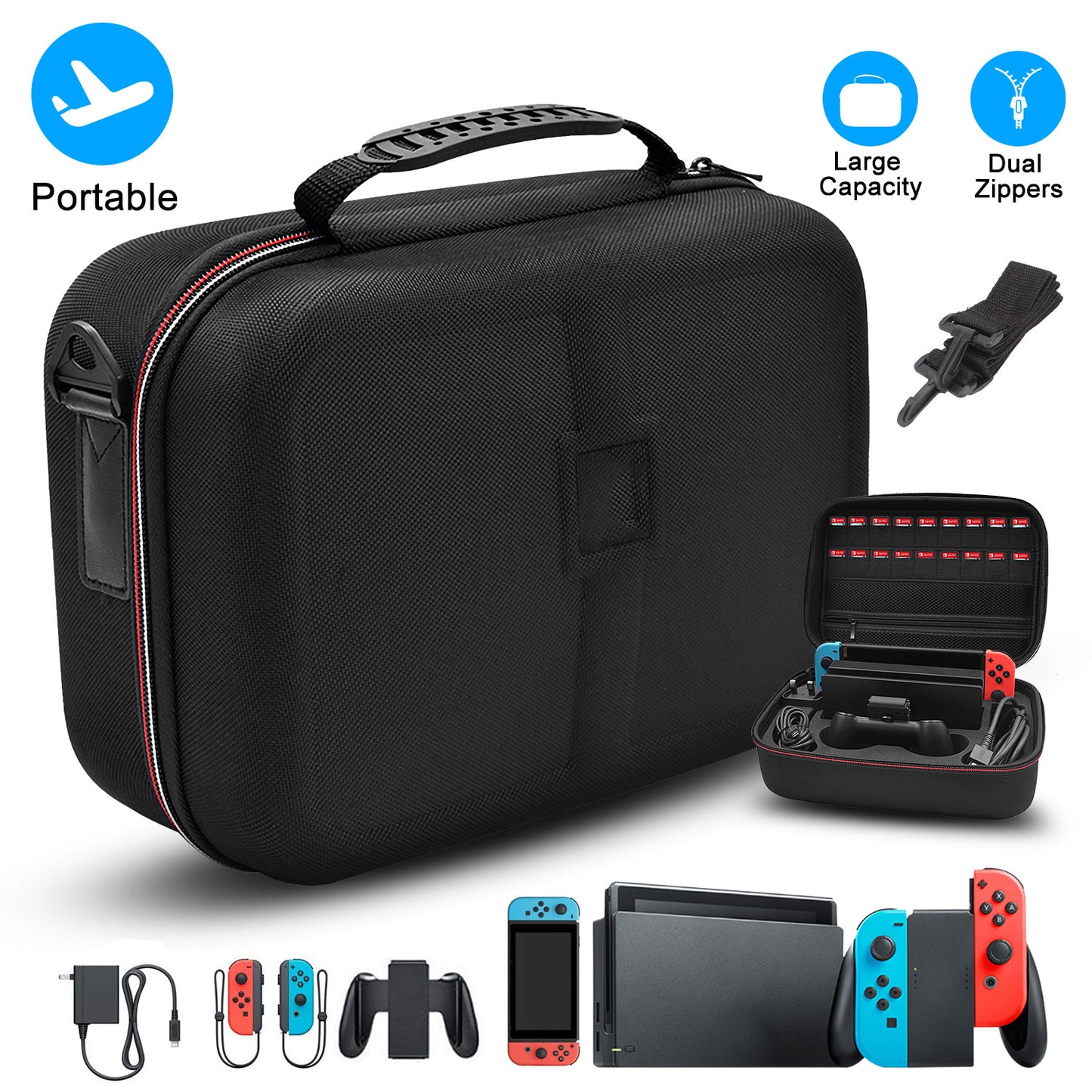 Portable Deluxe Carrying Case for Nintendo Switch Protected Travel Case w/ Rubberized Handle Shoulder Strap