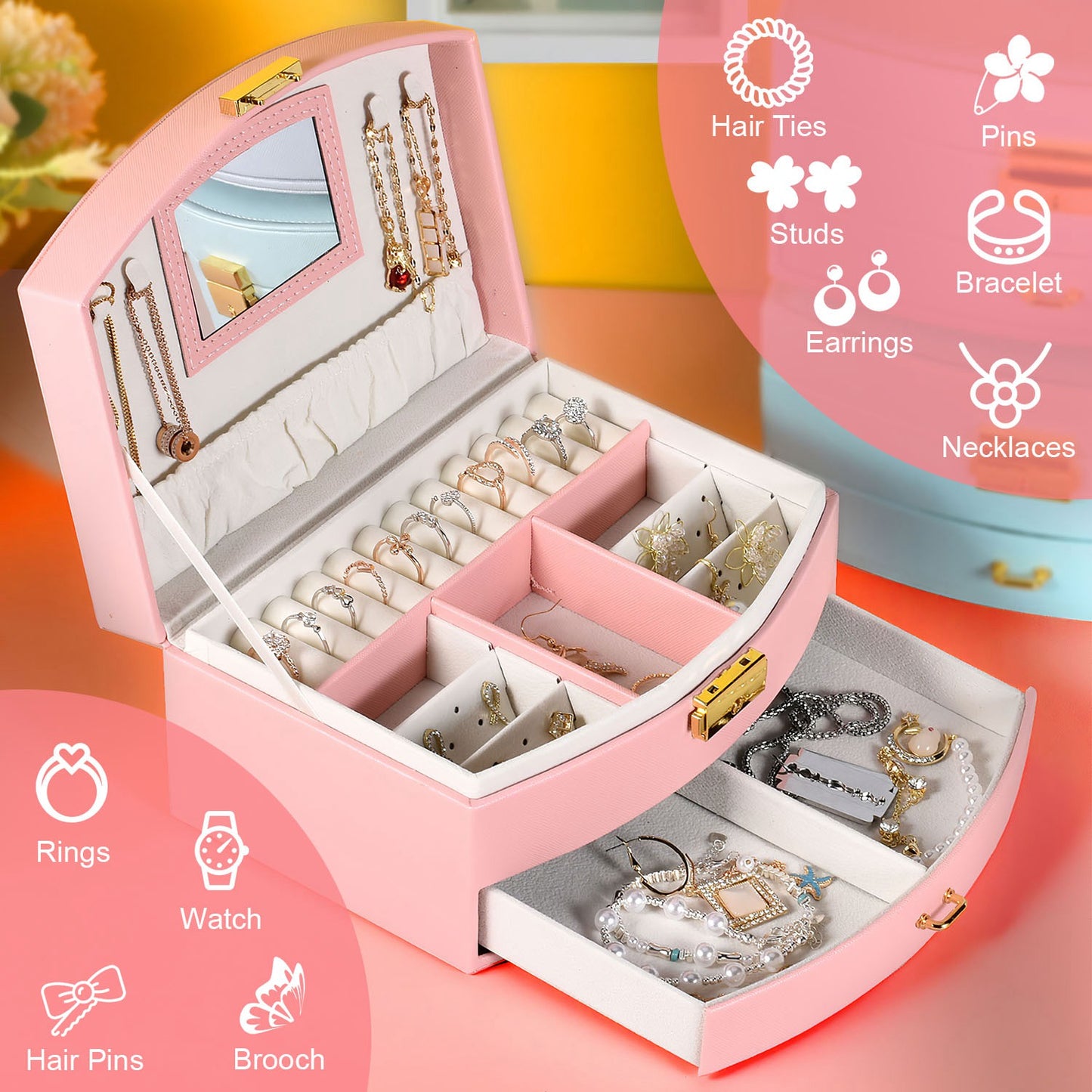 2-Layer Jewelry Box for Women Girls Lockable Leather Jewelry Organizer Jewelry Travel Case for Rings Earrings Necklaces Bracelets