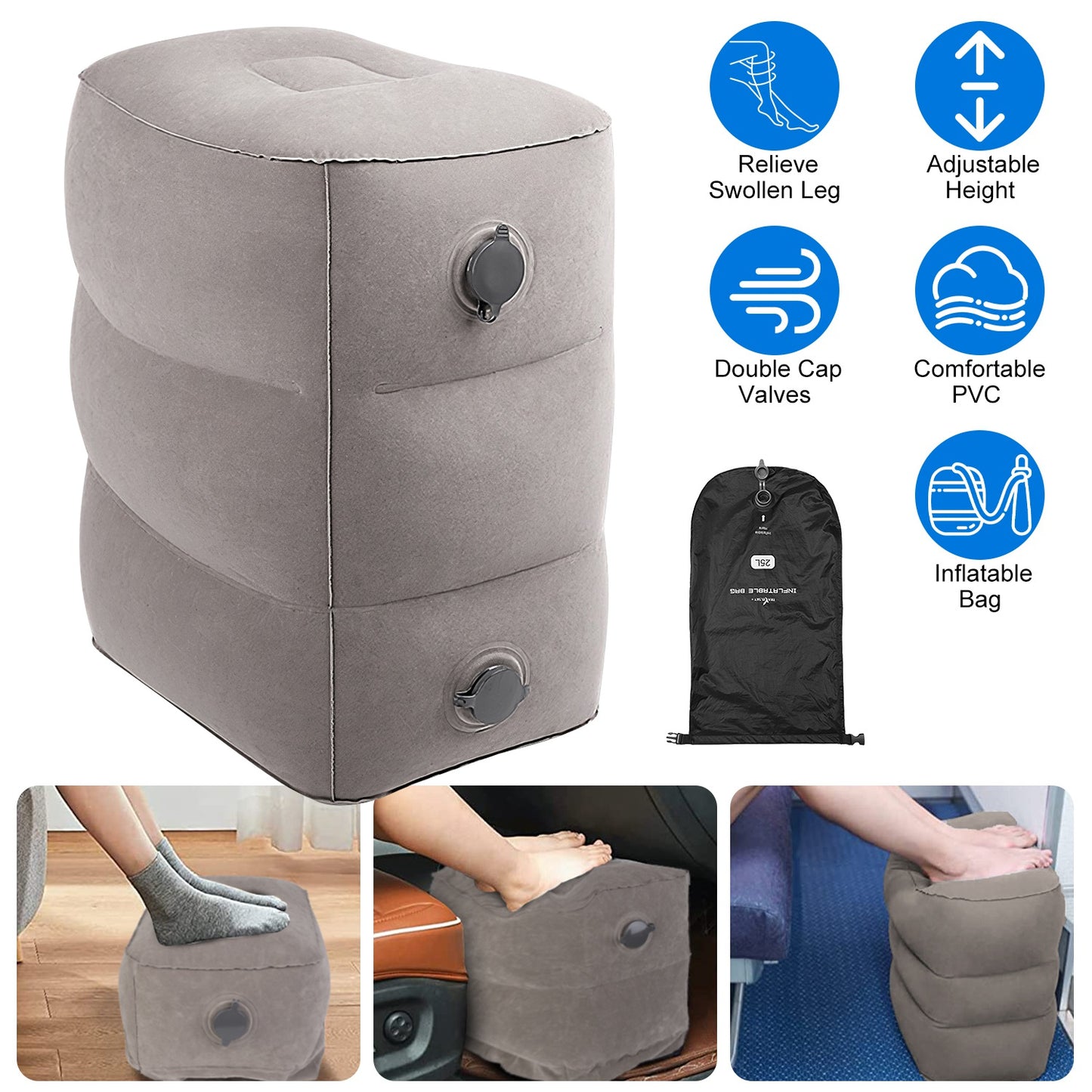 Inflatable Foot Rest with Air Bag 3 Adjustable Height Travel Foot Pillow Kids Airplane Bed Relieve Leg Feet Pain Leg Rest Stool For Train Car Airplane