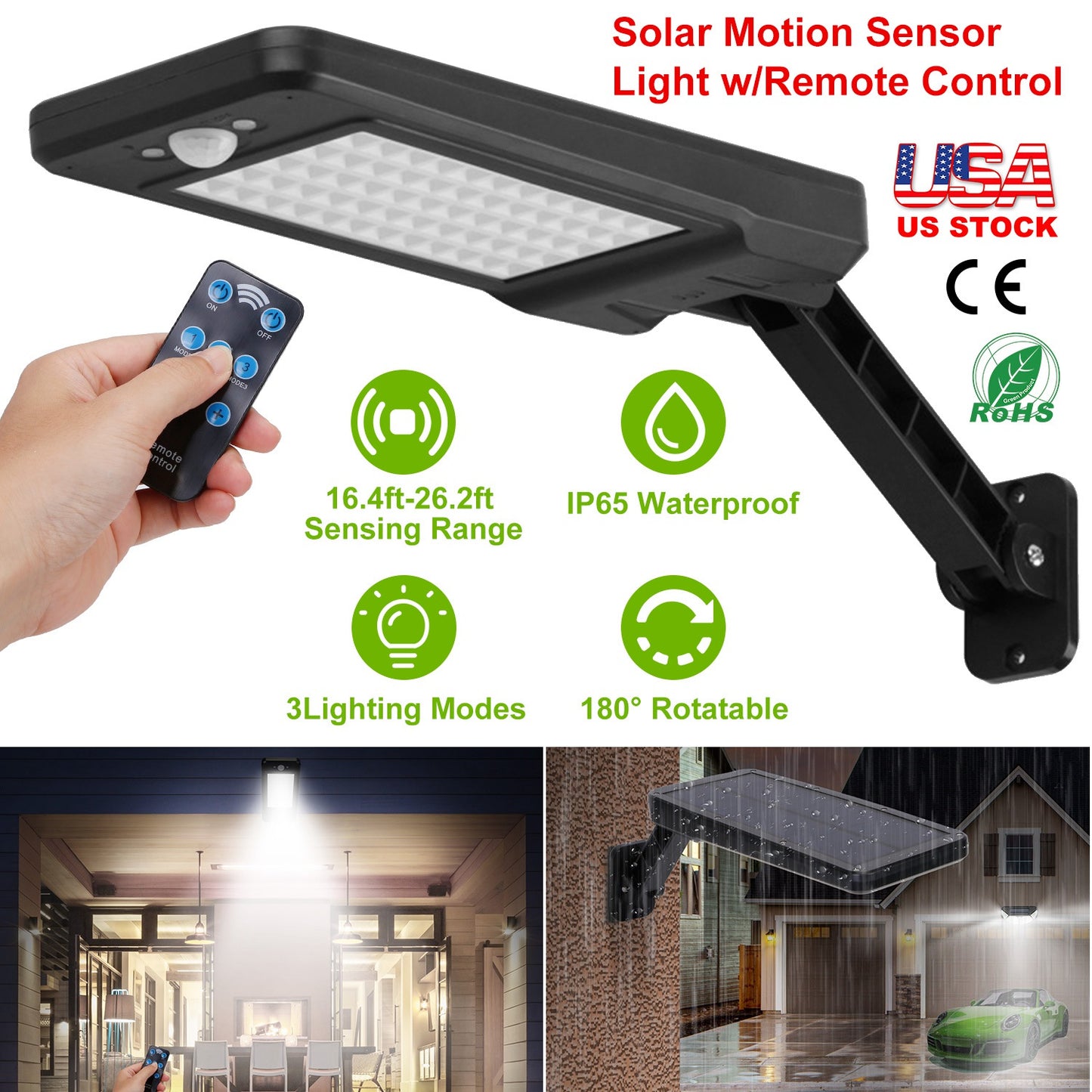 Solar Wall Light Outdoor 60LEDs PIR Motion Sensor Remote Control Wireless Lamps IP65 Waterproof Lighting for Garage Front Door Garden Pathway