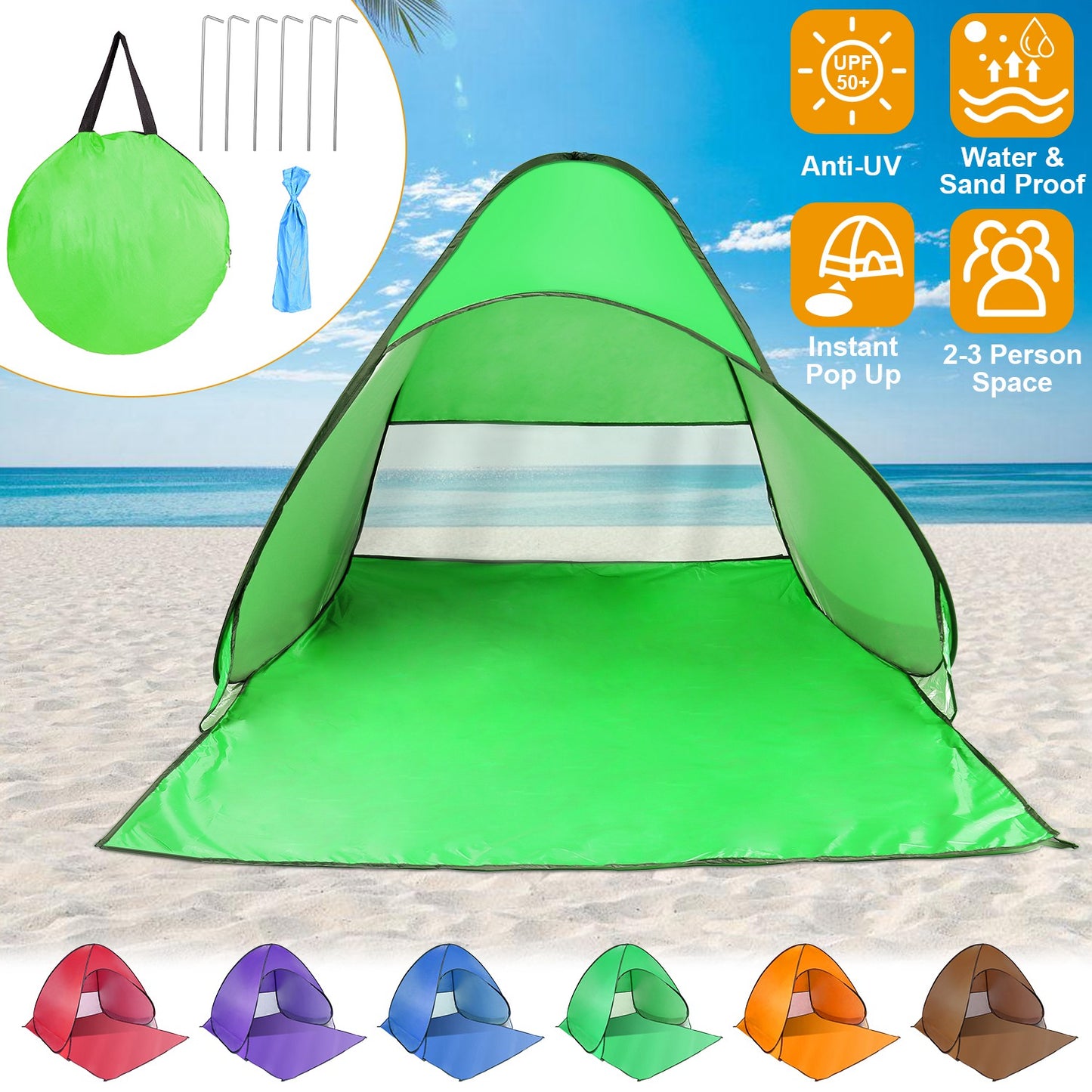 Pop Up Beach Tent Sun Shade Shelter Anti-UV Automatic Waterproof Tent Canopy for 2/3 Man w/ Net Window Storage Bag for Outdoor Beach Camping Fishing P