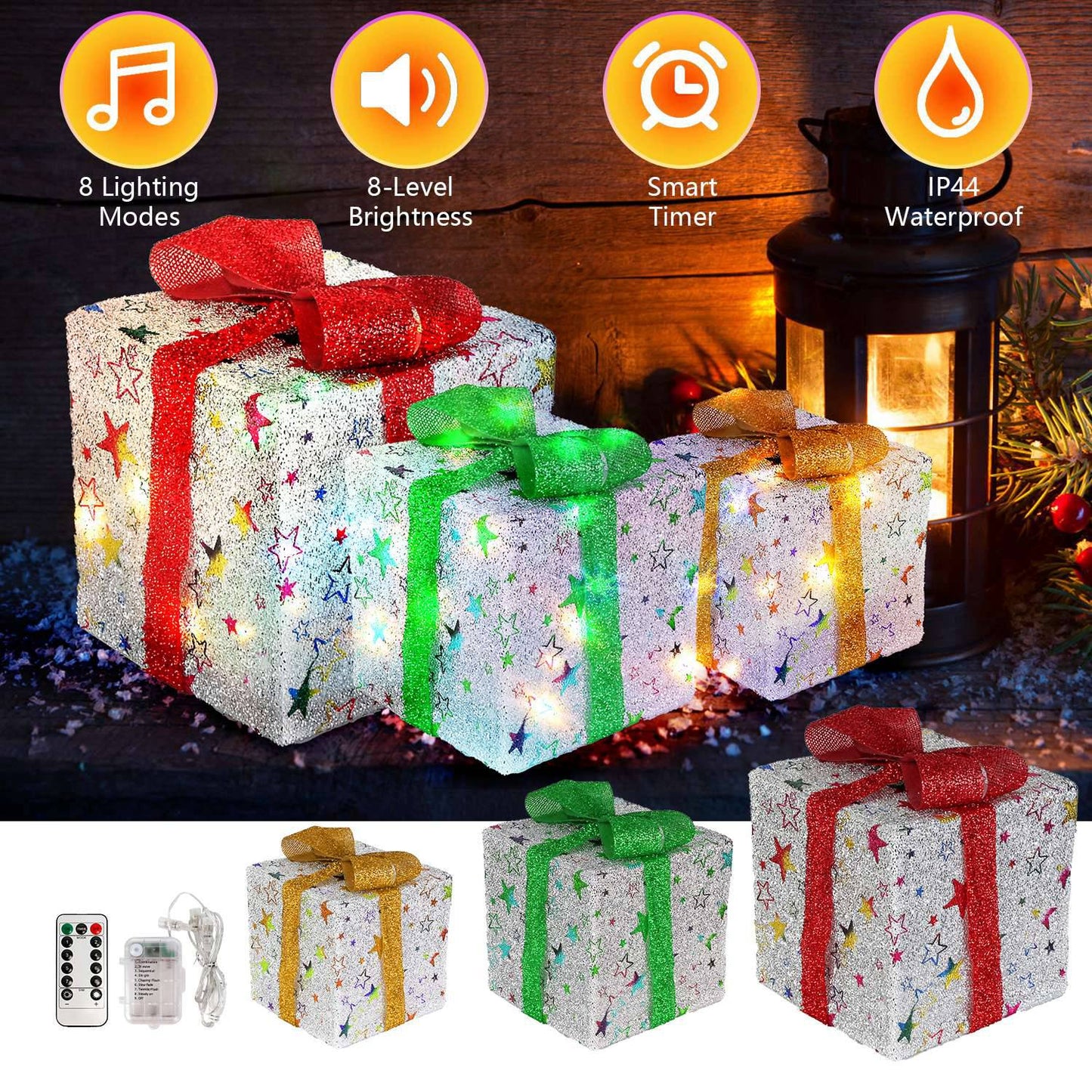 Set of 3 Christmas Lighted Gift Boxes Xmas Present Ornament 50 LED Christmas Box Decorations with Ribbon Bows IP44 Waterproof Battery Powered for Indo