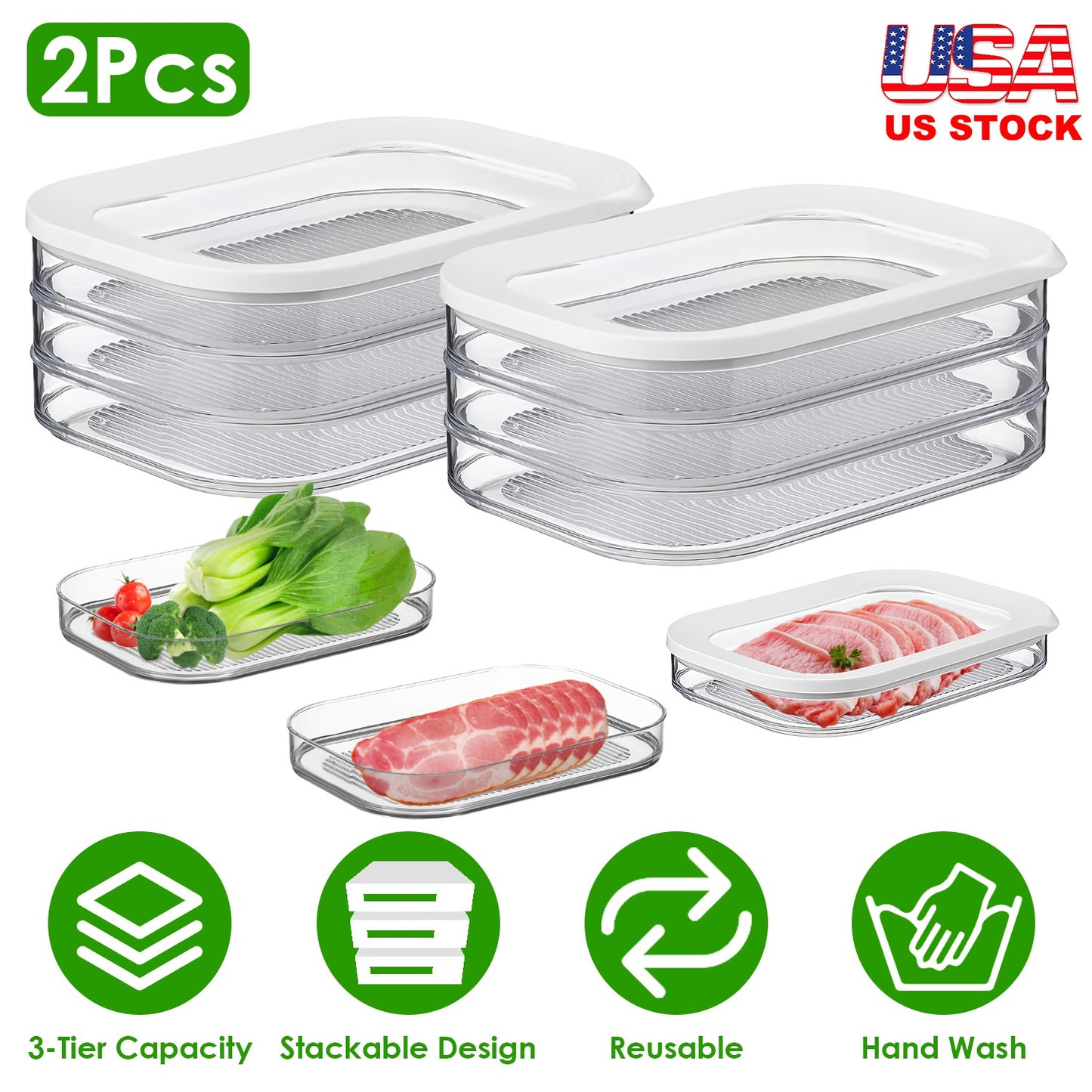 2Pcs Deli Meat Container With Lid for Fridge Stackable Bacon Container Clear Food Storage Box with Lid Meal Prep Container for Lunch Meat Salami Cold
