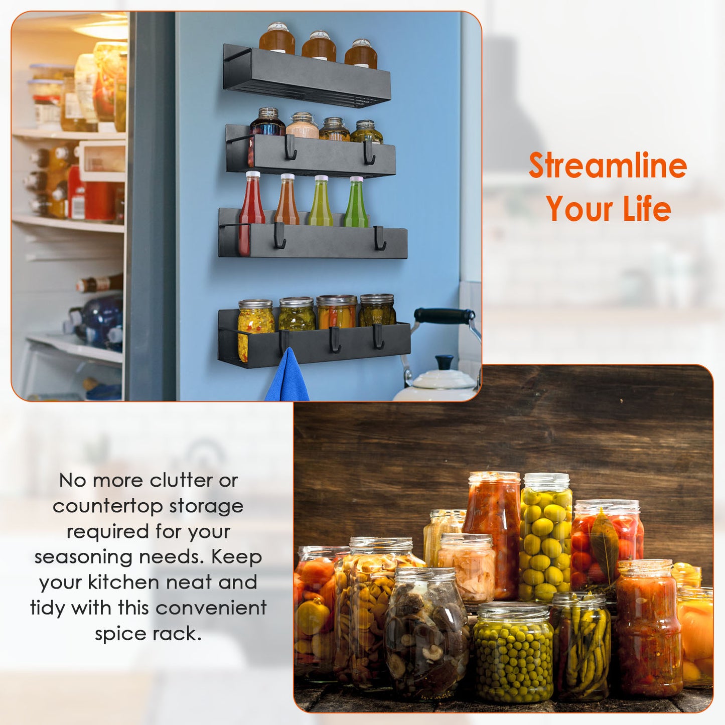4Pcs Spice Rack Strong Magnetic Seasoning Storage Shelf with 8 Removable Hooks