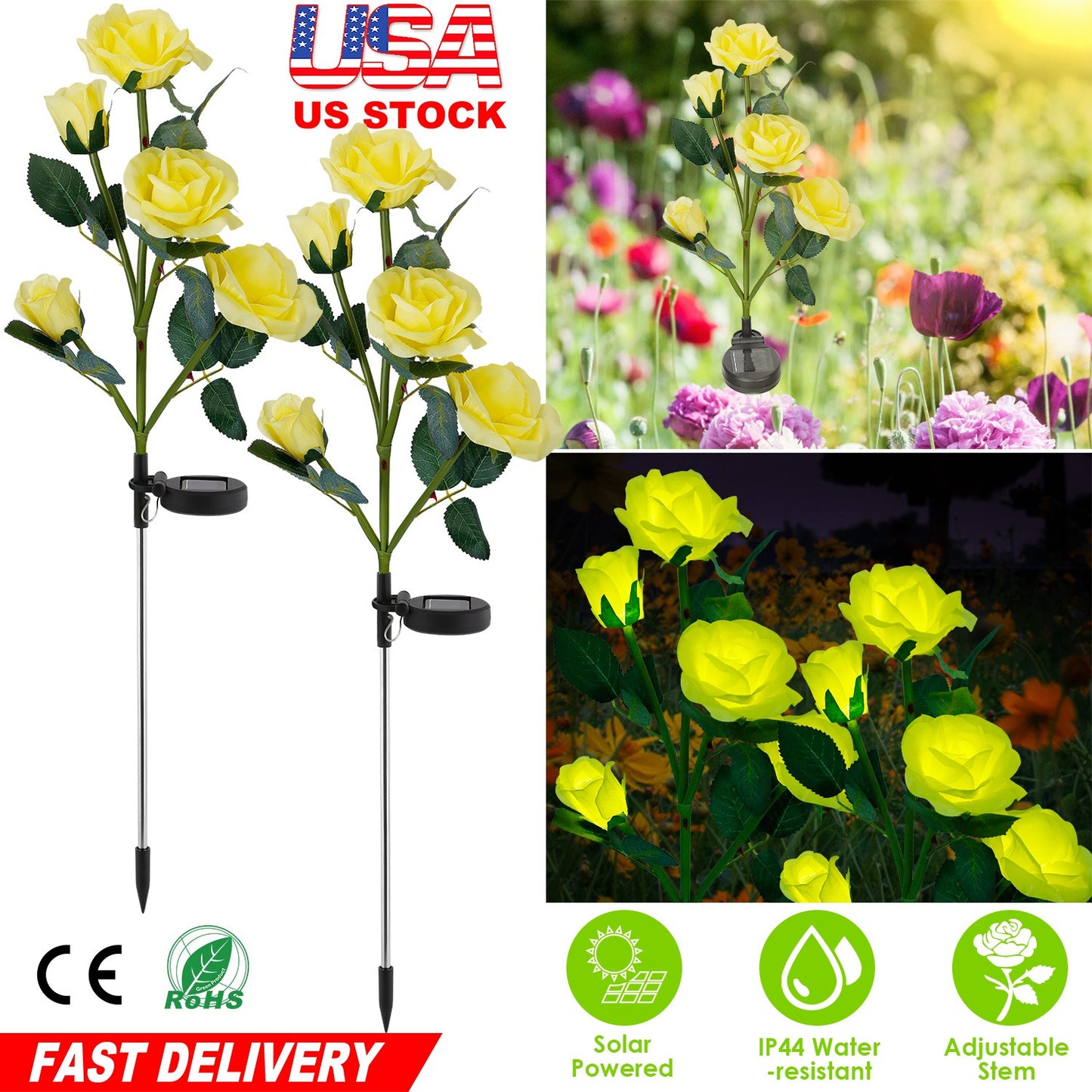 2Pcs Solar Powered Lights Outdoor Rose Flower LED Decorative Lamp Water Resistant Pathway Stake Lights For Garden Patio Yard Walkway