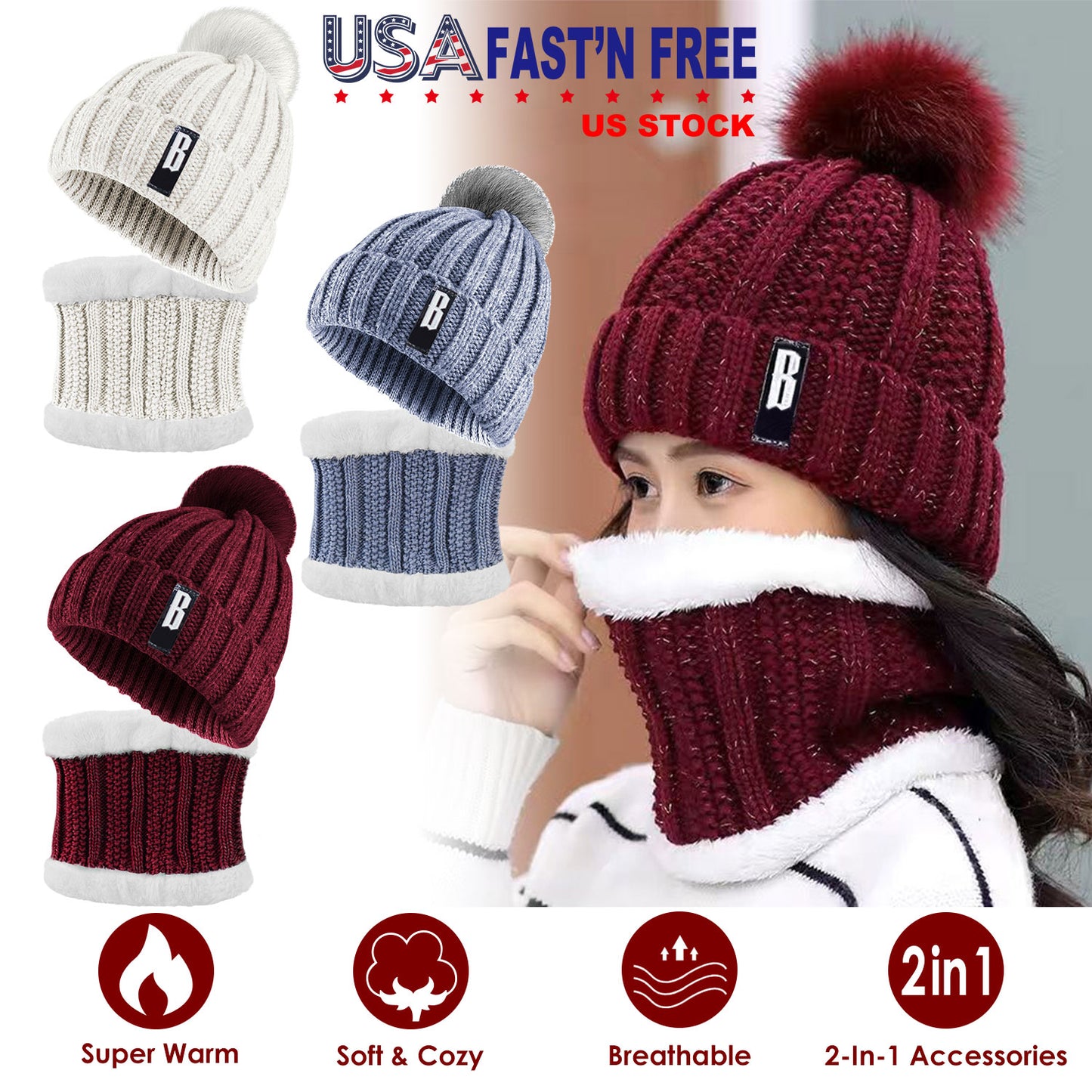 Winter Beanie Hat Scarf Set Women Warm Knitting Skull Cap Neck Warmer for Walking Running Hiking Camping Outdoors Gift