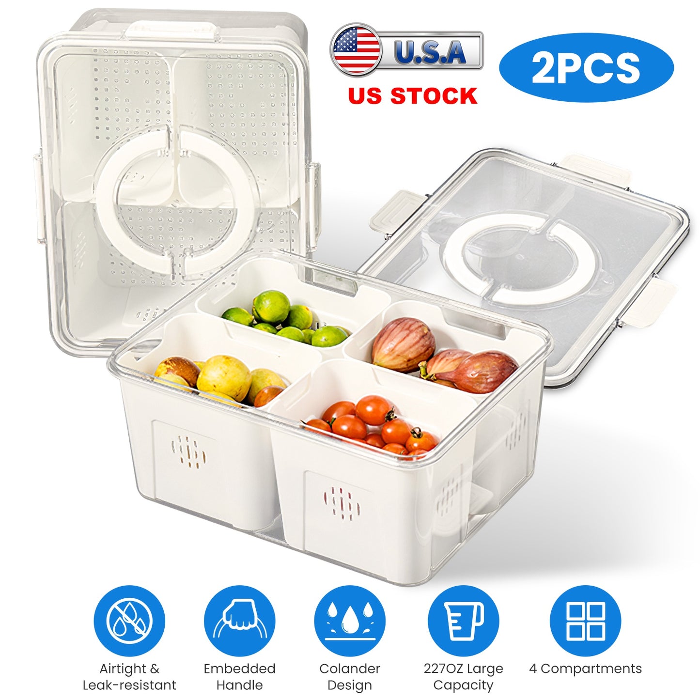 2Pack Airtight Fruit Storage Containers 4-Compartment Food Storage Containers Fruit Vegetable Organizers with 8 Removable Colanders for Fridge Picnic