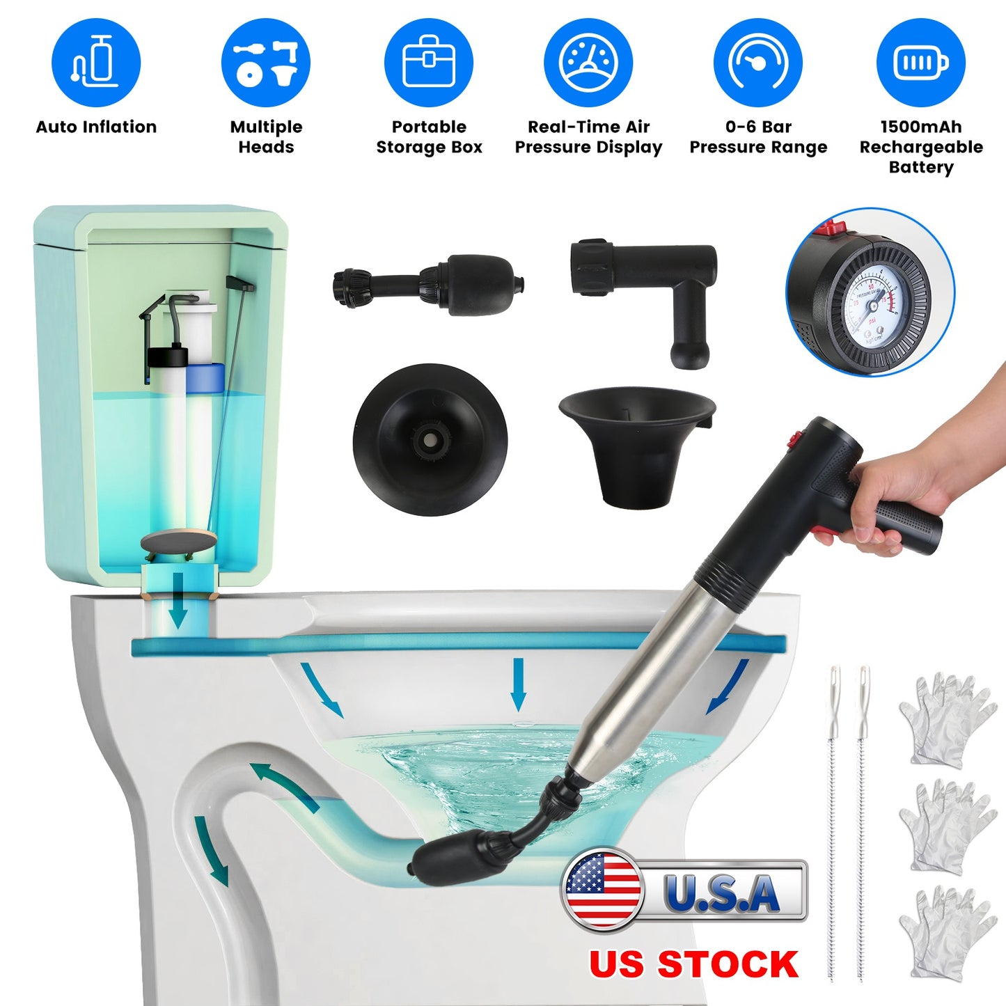 Electric Toilet Plunger High Pressure Air Plunger Air Drain Blaster Drain Clog Remover with Real Time Pressure Display for Toilets Bathroom Floor Drai