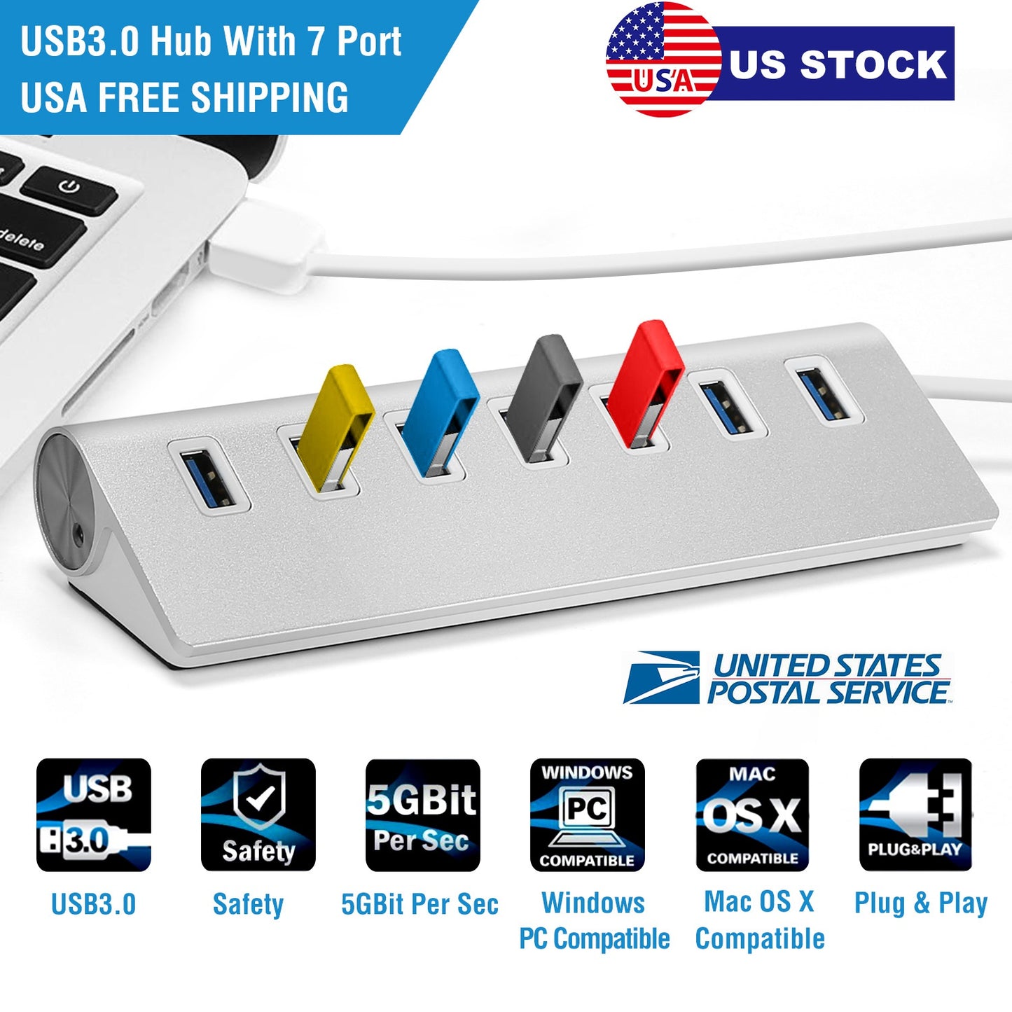 7-Port USB 3.0 Hub Portable Super Speed USB Data Hub with 1ft USB 3.0 Cable for Windows Linux Mac Devices