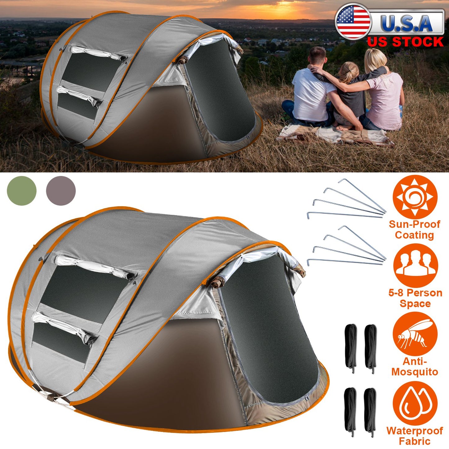5-8 Person Pop Up Tent Automatic Setup Camping Tent Waterproof InstantÊSetup Tent with 4 Mosquito Net Windows Carrying Bag for Hiking Climbing Adventu