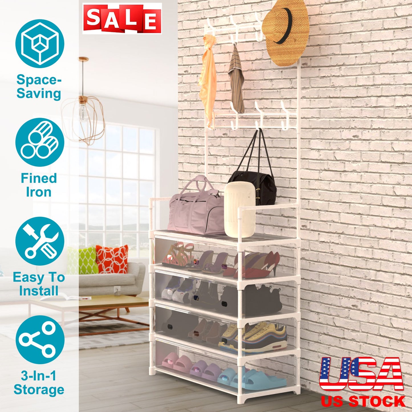 5-Tier Dustproof Entryway Hall Tree Coat Rack Shoe Rack With 8 Removable Hooks Freestanding Shoe Storage Shelf Hat Clothes Organizer For Front Door Be