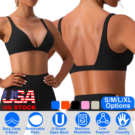 Women Deep V-Neck Sports Bras U-Shaped Back Sport Bras Padded Strappy Crop Open Back Low Impact Bras Sexy Fitness Tank Tops with Removable Pads for Gy