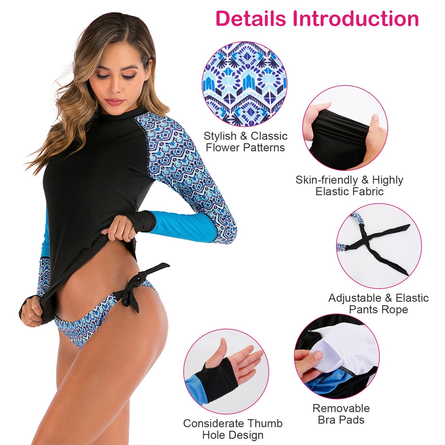 Women 2 Piece Long Sleeve Swimsuit Swim Shirt Bathing Wetsuit Printed Surfing Swimwear Top