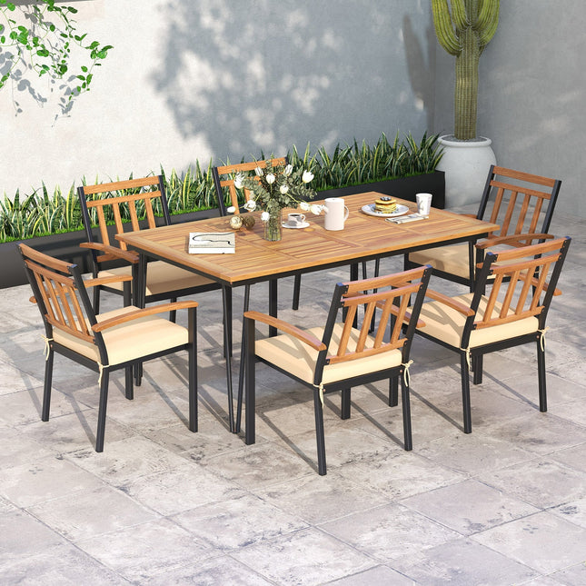 63 Inch Rectangular Outdoor Dining Table for 6 People with Acacia Wood Tabletop and Umbrella Hole