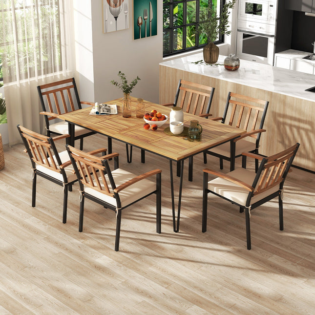 63 Inch Rectangular Outdoor Dining Table for 6 People with Acacia Wood Tabletop and Umbrella Hole