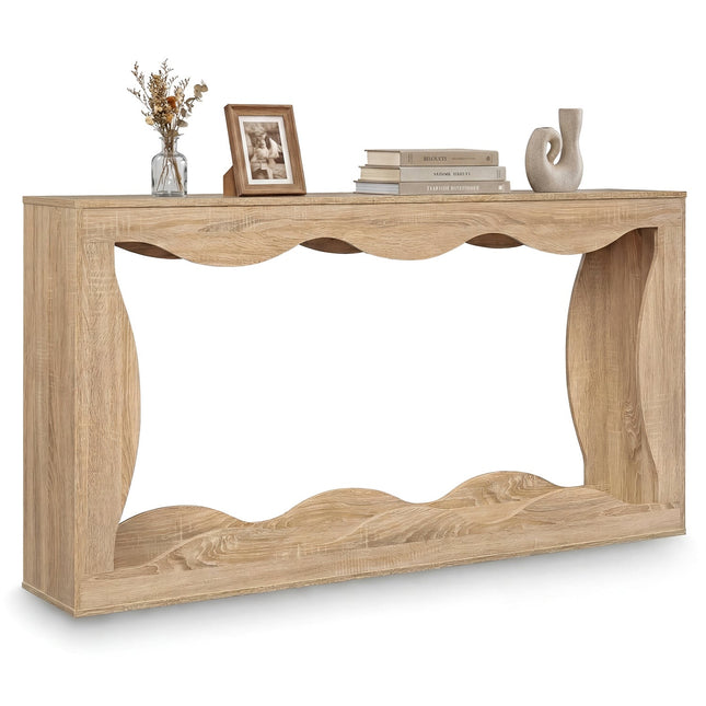 63 Inch Console Table 2-Tier Narrow Entryway Table with Wavy Edge Storage Shelf