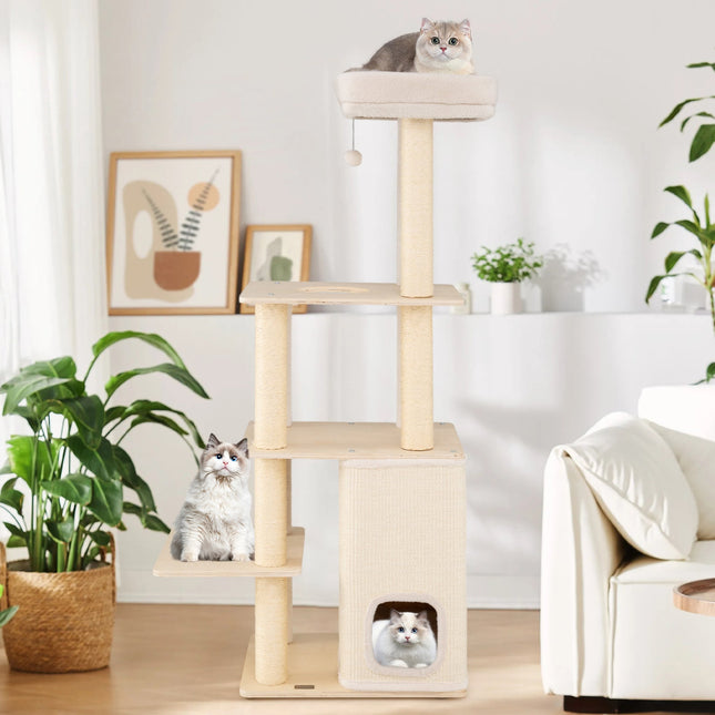63 Inch Tall Wooden Cat Tree with 2-Story Condo and Plush Padded Top Perch-Natural