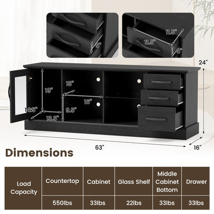 63 Inches Media Console Table with 3 Drawers and 2 Glass Shelves
