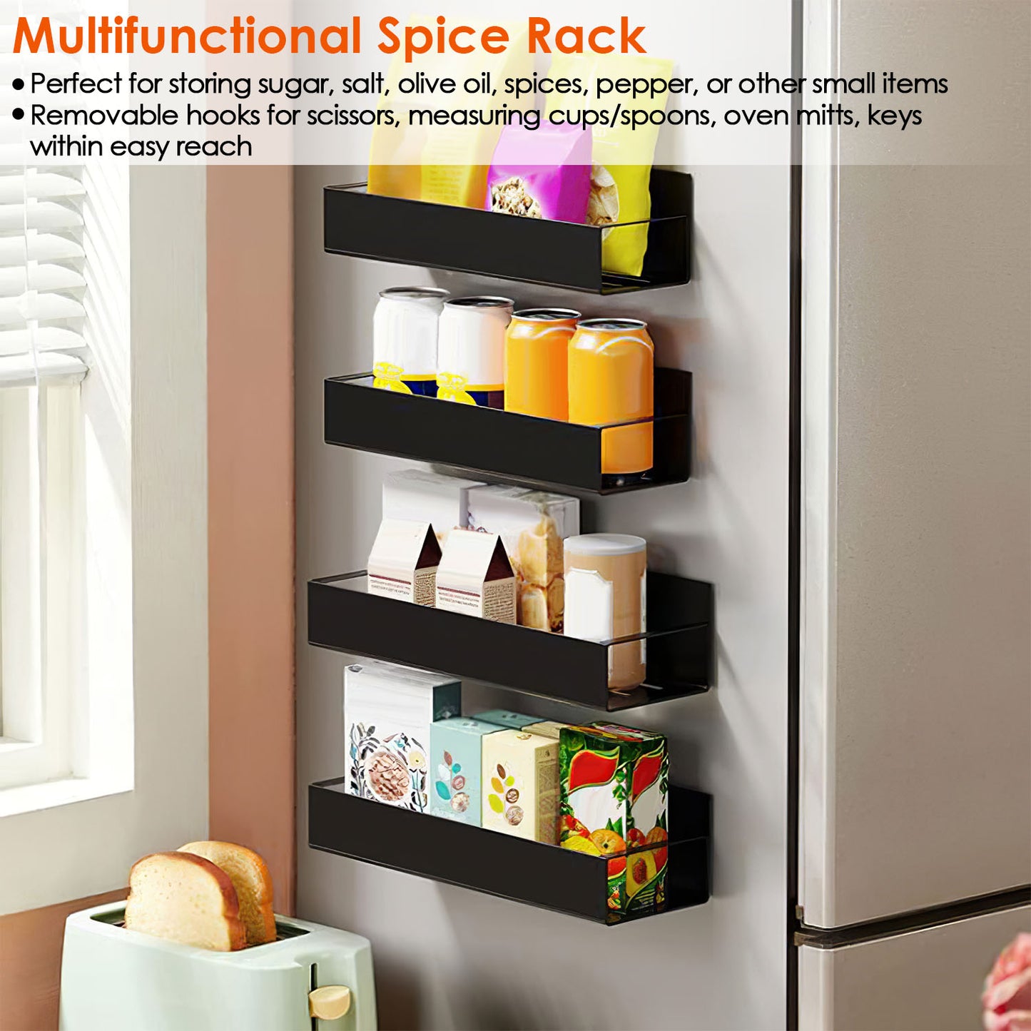 4Pcs Spice Rack Strong Magnetic Seasoning Storage Shelf with 8 Removable Hooks