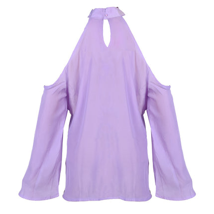 Women\'s Sexy Off The Shoulder Blouses Cold Shoulder Tops V-Neck Long Sleeve T-Shirt Solid Color Summer