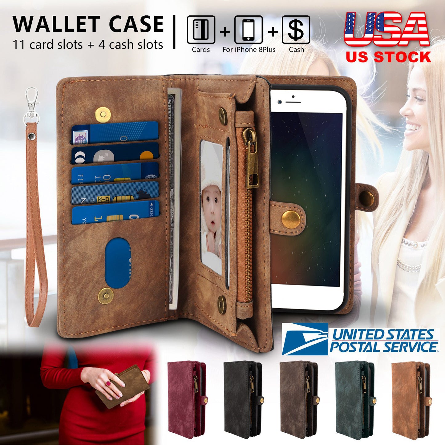 Phone Wallet Case For iPhone 8 Plus Portable Wallet Case 2 in 1 Leather Zipper Magnetic Detachable 15 Card Slots Money Pocket Clutch Cover W/ID Widows