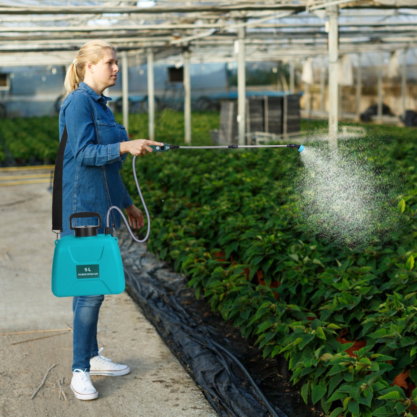 5L/1.32Gallon Battery Operated Water Sprayer Portable Garden Sprayer Electric Sprayer with Rechargeable Handle Telescopic Wand 3 Spray Nozzles Shoulde