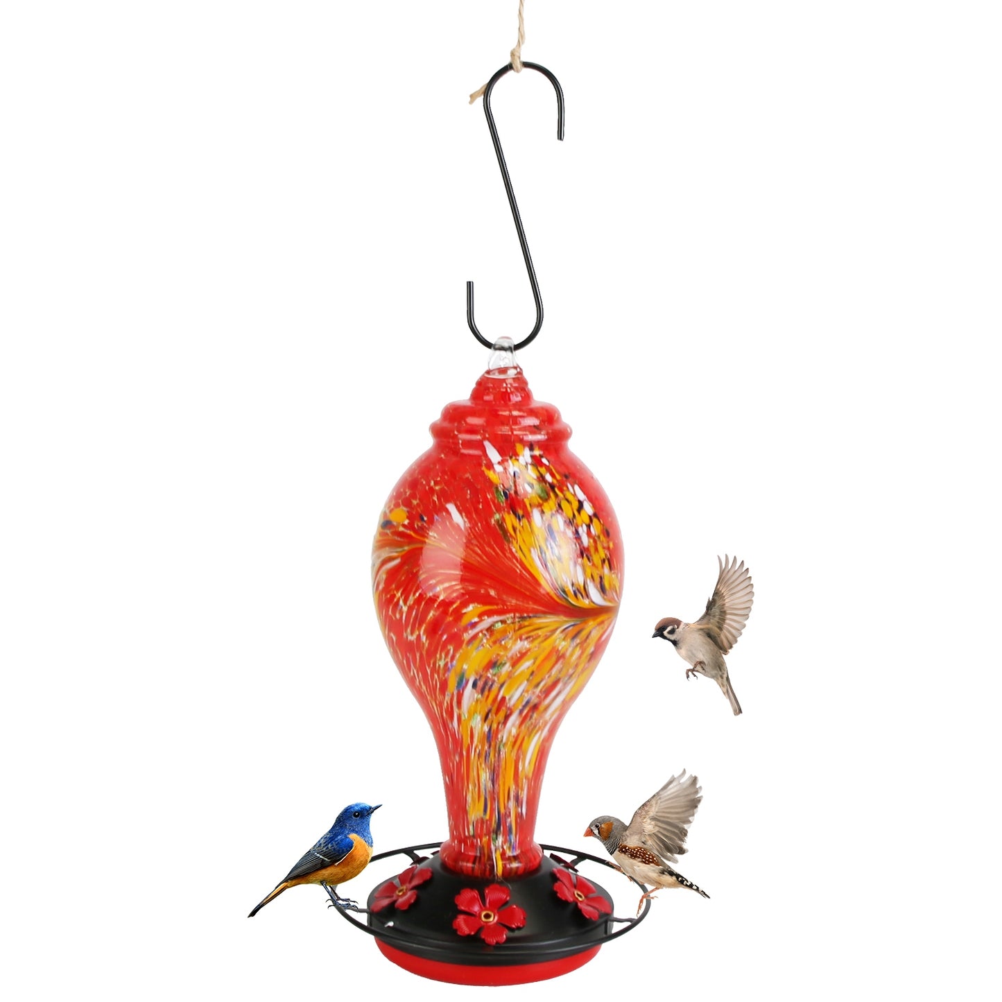 Glass Hummingbird Feeder 33OZ Hand Blown Hummingbird Feeder with 5 Flower Feeding Port Perch Ant Moat Hanging Hook S Hook Hemp Rope Cleaning Brush for