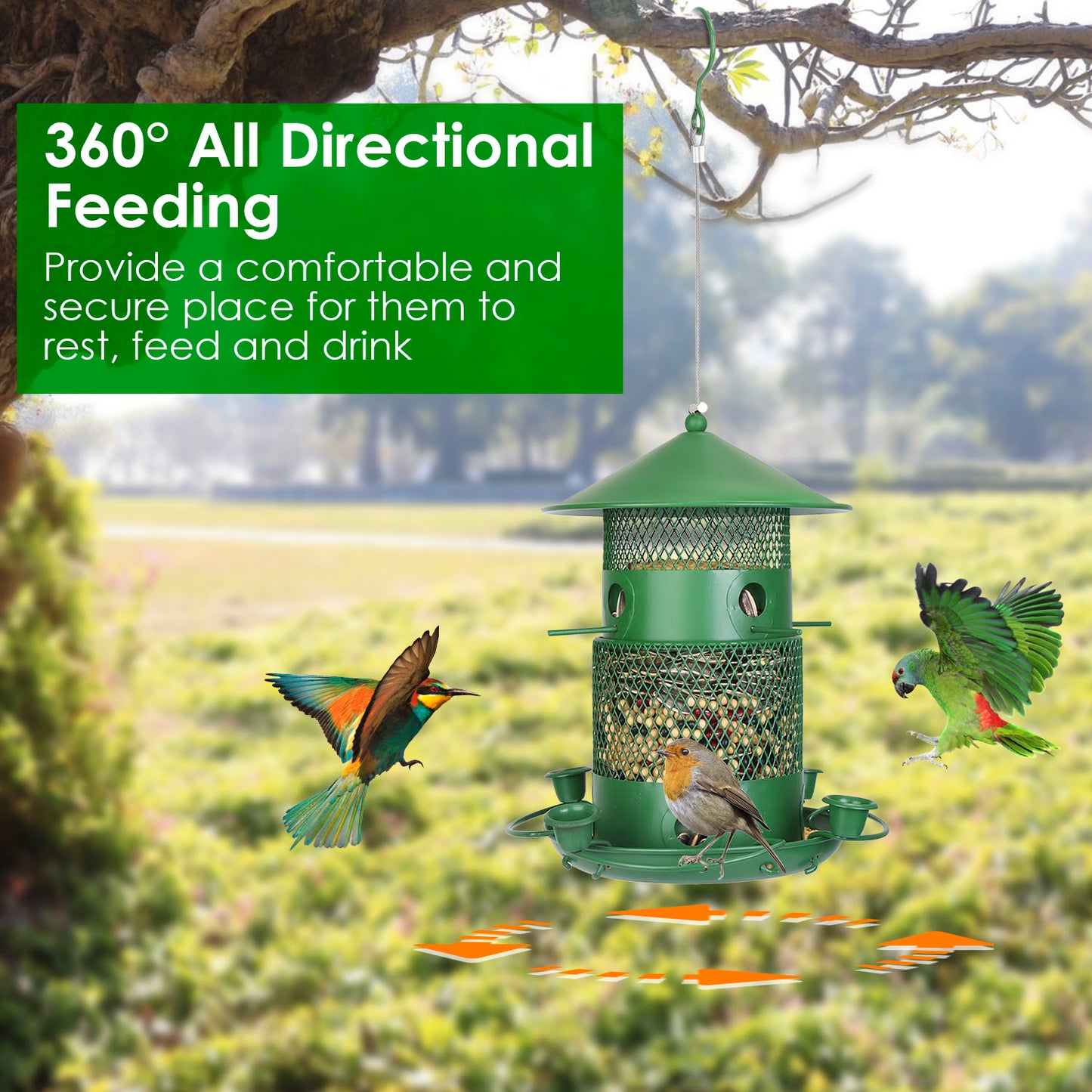 Wild Bird Feeder Squirrel-Proof Chew-Proof Metal Bird Seed Feeder Outdoor Hanging Bird Feeder With 360¡ Circular Perches Water Cups For Yard Garden Pa
