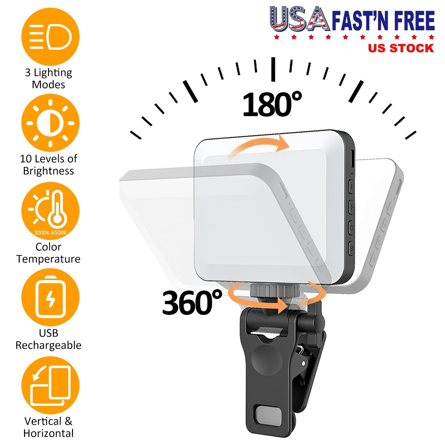 Rechargeable Selfie Light Fill Light 2000mAh Portable Clip On Light with 3 Light Modes 10 Brightness Levels for Phone Laptop Live Stream Make up Photo