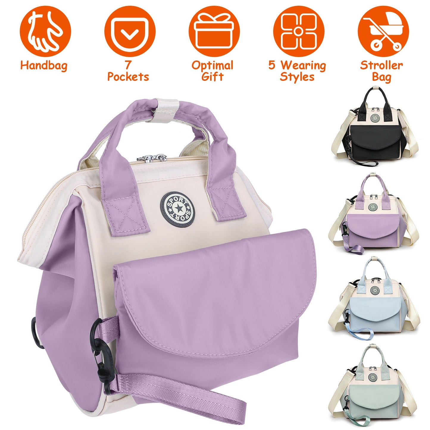 Baby Nappy Diaper Bag with 6 Pockets Burp Cloth Adjustable Shoulder Strap Detachable Small Bag Multifunctional Diaper Changing Bag with 2 Insulated Po