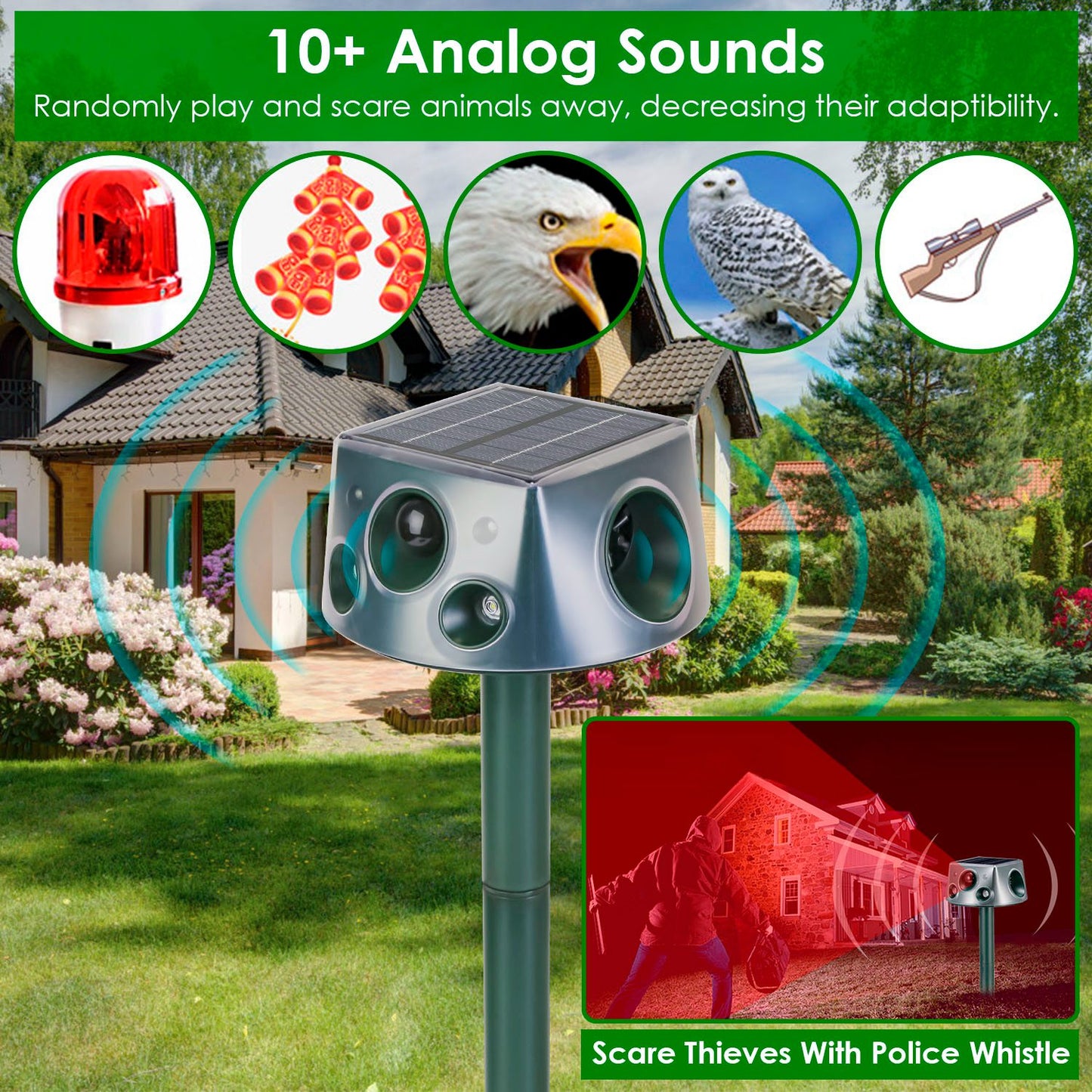 Ultrasonic Solar Animal Repeller Outdoor Mole Snake Squirrel Repellent Waterproof Bird Deer Dog Cat Deterrent with 3 Modes Motion Sensor Vibration Sta