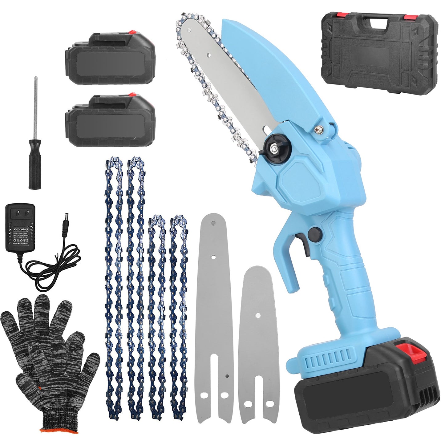 Electric Mini Chainsaw Portable Handheld Cordless Small Chain Saw Battery Powered with 2Pcs 2200mAh Rechargeable Batteries 4in/6in Chains for Pruning