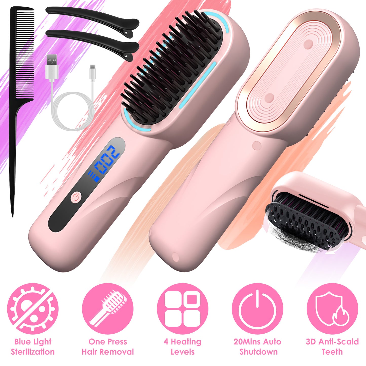 Cordless Hair Straightener Brush Rechargeable Mini Styling Comb with 4 Heating Levels Blue Light Sterilization Single press Stray Hair Removal 20Mins