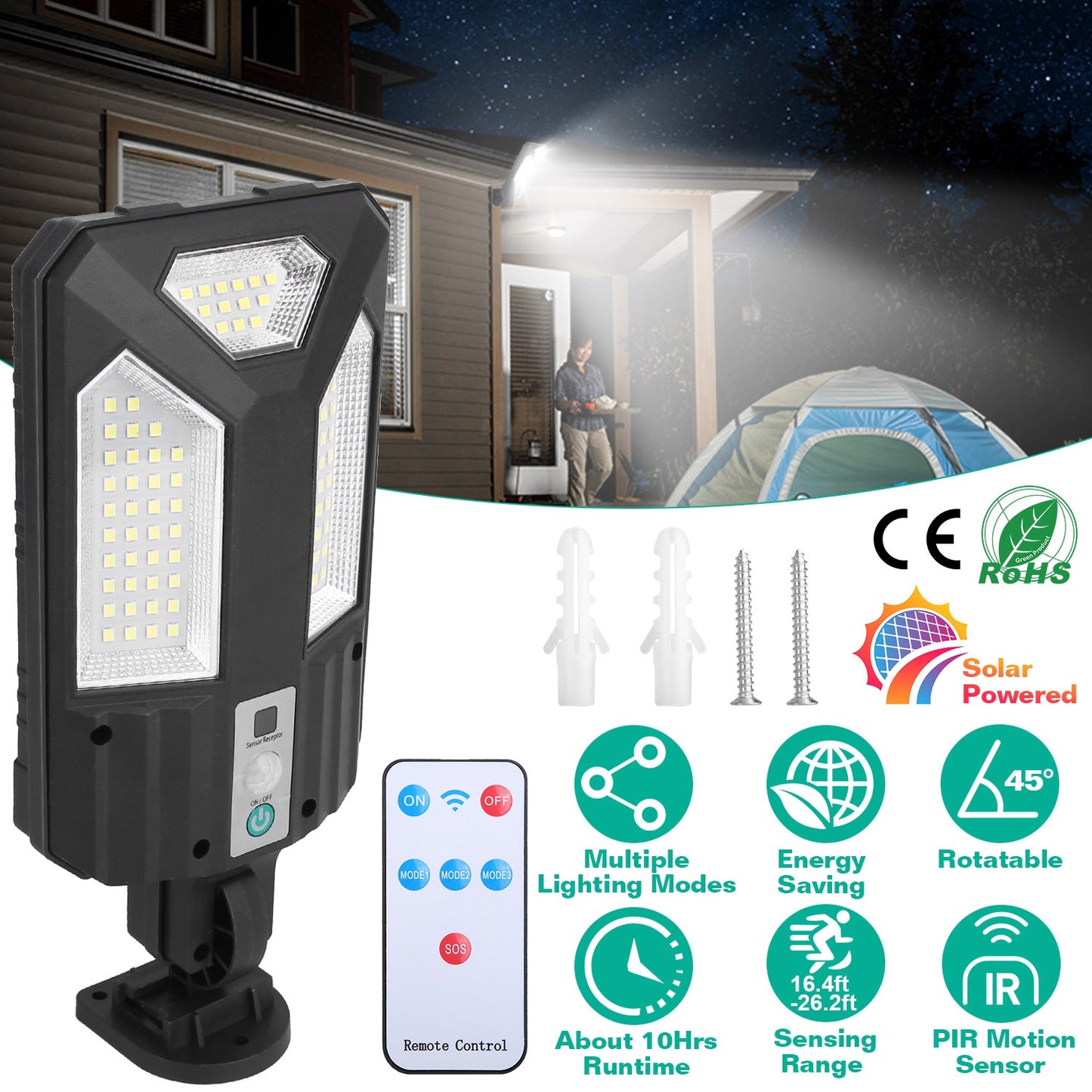 Solar Wall Light Outdoor 87 LED Beads PIR Motion Sensor Remote Control Wireless Lamps IP45 Waterproof Lighting for Garage Front Door Garden Pathway