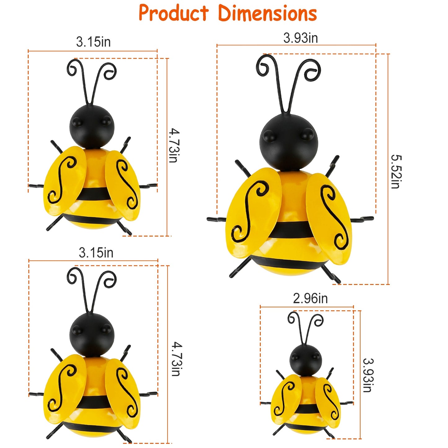 4Pcs Bumble Bee Set Ornament 3D Iron Hanging Bee Wall Decor Art Sculpture Statues Decorations For Fence Lawn Bar Living Room