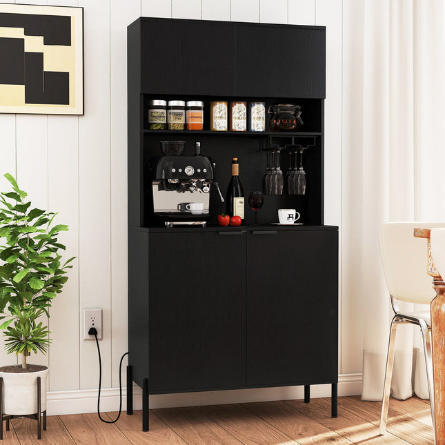 64.5 Inches Tall Kitchen Pantry Cabinet with Charging Station and Wine Glass Rack