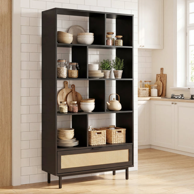 64-Inch Tall Wooden Bookcase with 8 Cubes and Drawer