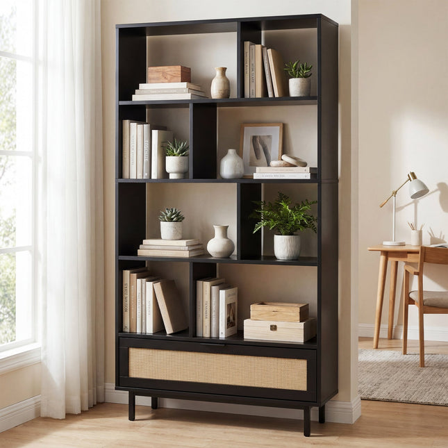 64-Inch Tall Wooden Bookcase with 8 Cubes and Drawer
