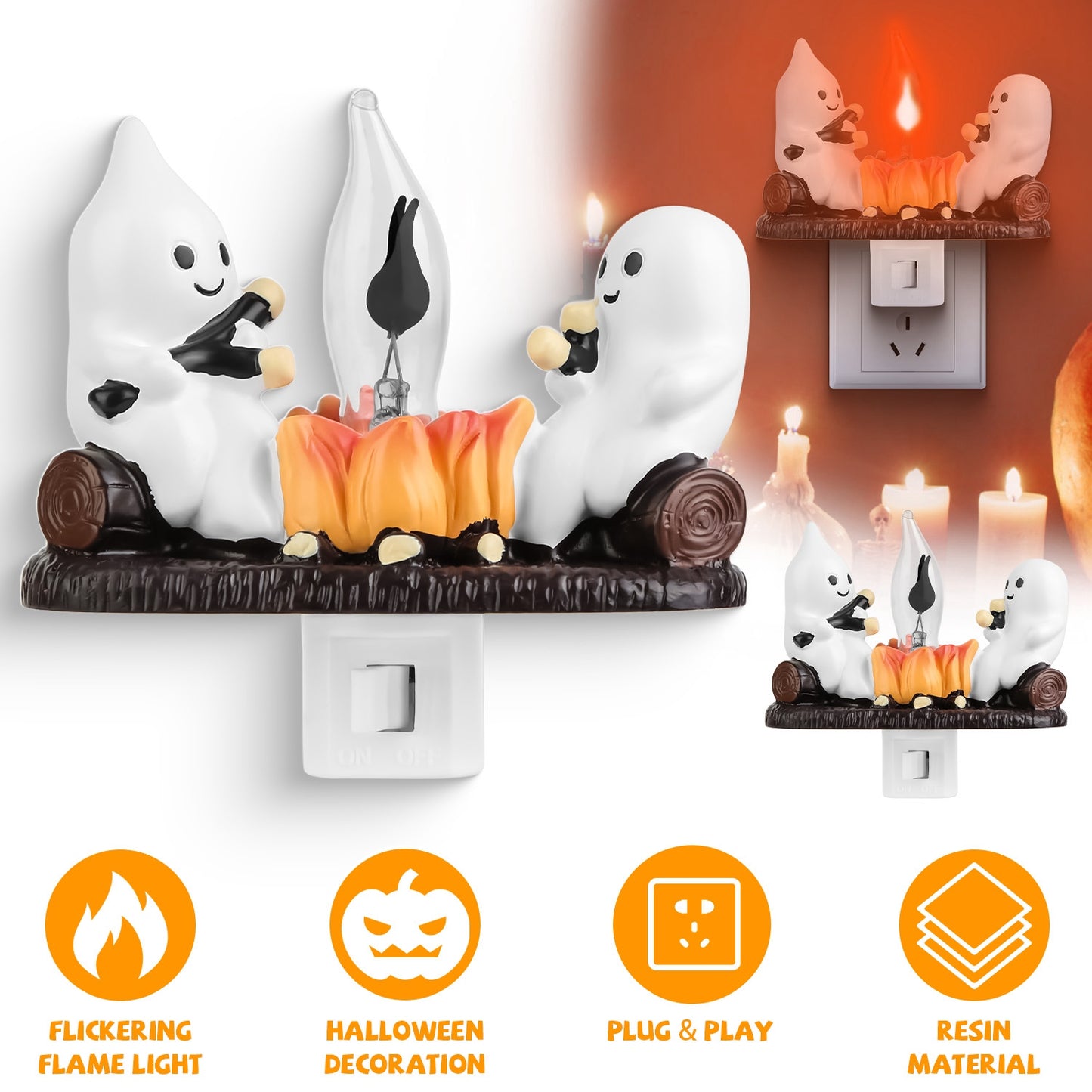 2Pcs Ghost Campfire Flickering Flame Night Light Indoor 3D Funny Halloween Nightlight Decoration Bedroom Night Light Halloween Decoration Gift For Fri