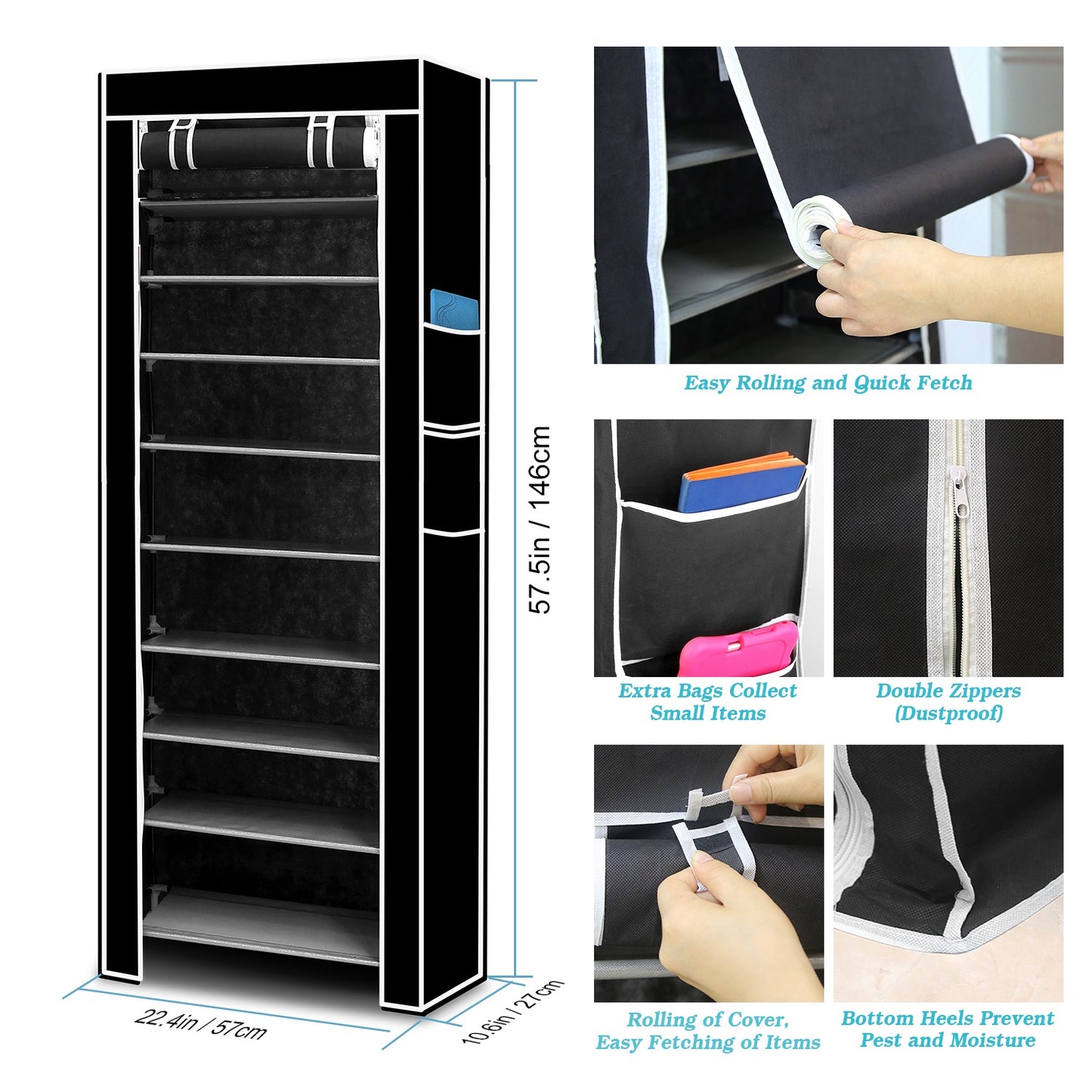 iMounTEK 10 Tiers DIY Shoe Cabinet Dustproof Easy Assemble Tidy Shoe Rack Non-Woven Fabric Holding 27 Pair Shoes Black