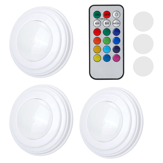 3Pcs RGB Cabinet Lights Remote Control Under Closet Stick On Lamp Multi Color LED Light Light w/ 4/8Hrs Timer