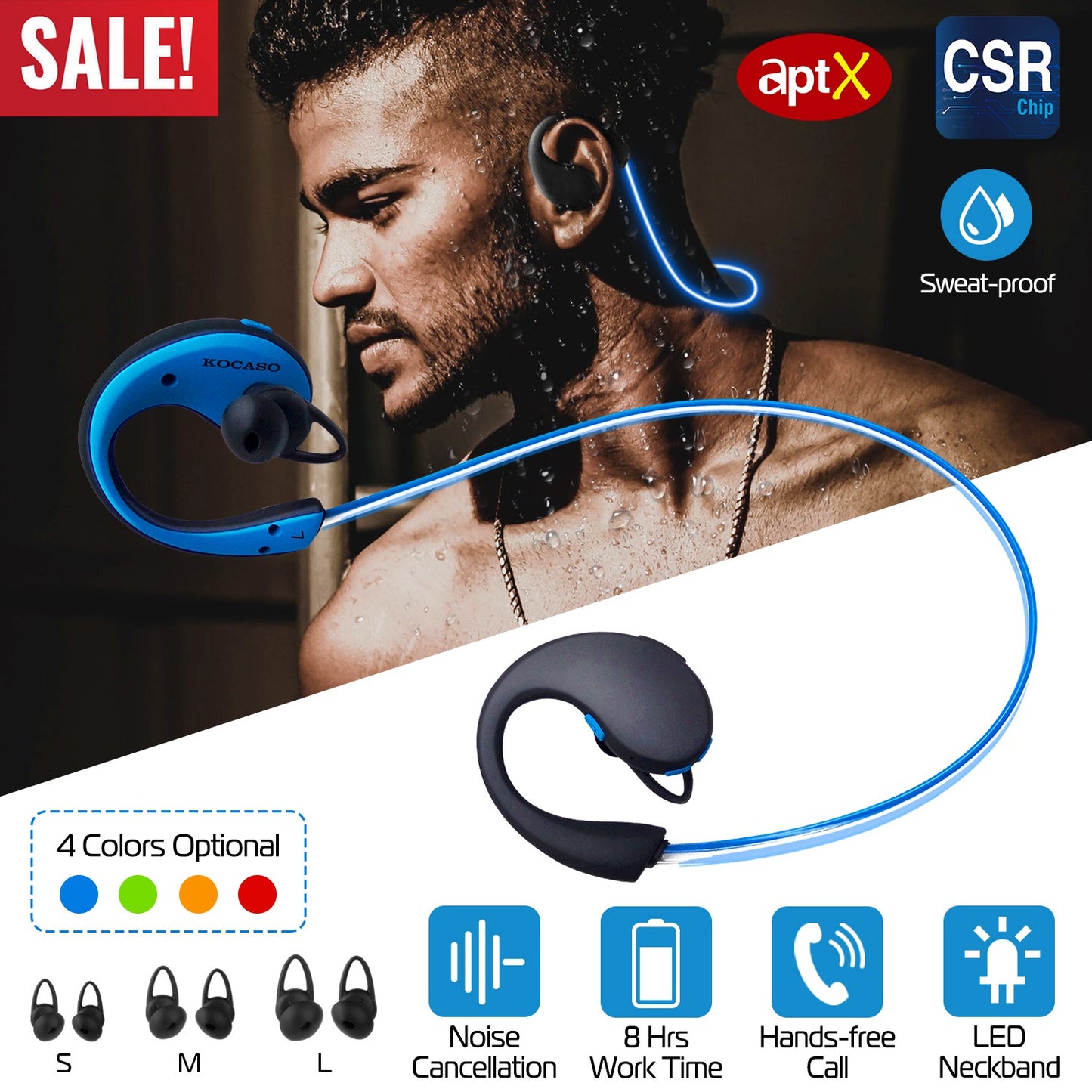 Wireless Sports Headsets Wireless V4.1 Neckband Earphones HD Stereo Sweat-proof Headphones Earbuds w/ LED Light Mic 8Hrs Work Running