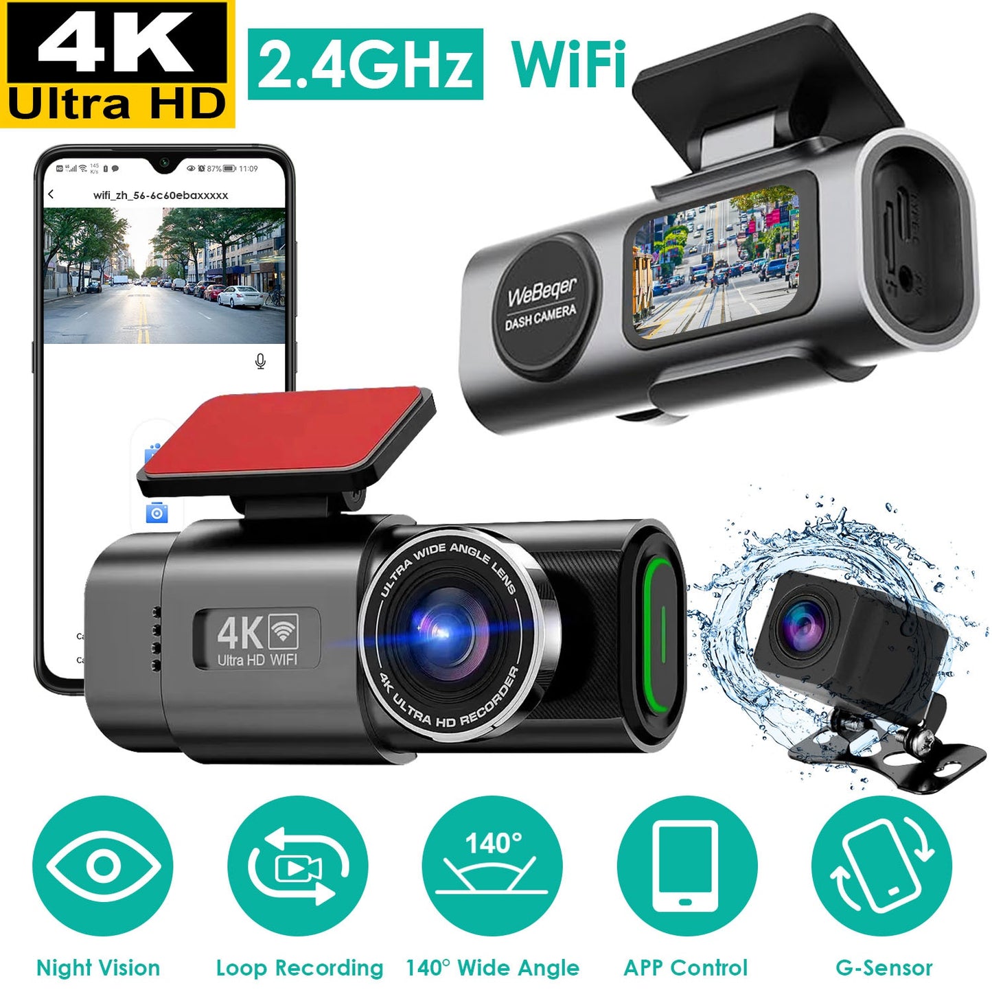 4K/1080P Dual Chanel Car Dash Cam 2.4GHz WiFi Car Camera Mini Driving Recorder with 140¡ Wide Angle APP Control Night Vision G-sensor Loop Recording