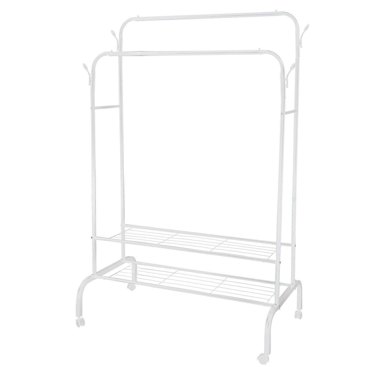 Garment Hanging Rack Clothing Hanging Rail Pillow Shoe Display Organizer Clothes Organizer Stand with 2 Rails 2 Shelves 4 Rolling Wheels 4 Hooks